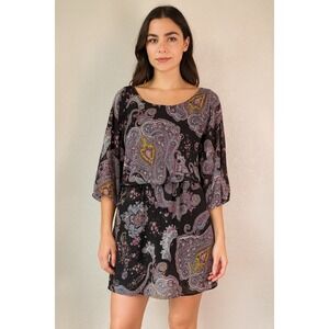 Express Paisley Print Dress Black Purple Sheer Overlay Blouson Sleeve S